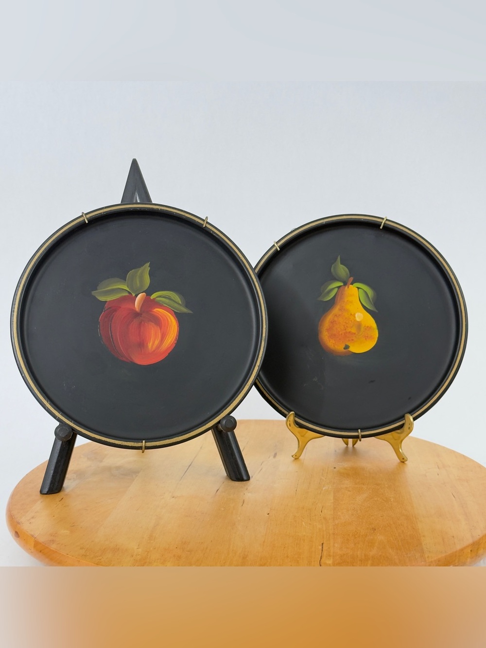 Vintage Nashco Black Hand Painted Metal Toleware Fruit Serving Trays, Wall Decor